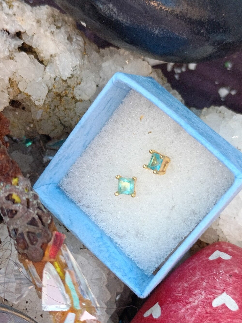 Gold Plated Aqua Marine Square Stud Earrings - Women Jewelry